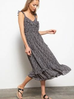 Sydney So Sweet Flower Print Ruffle Detail Women's Tank Midi Dress Black