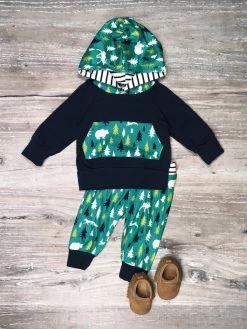 Sydney So Sweet Forest Friends Blue & Green Stripe Baby Boys Hooded Jogger Outfit Baby Boutique