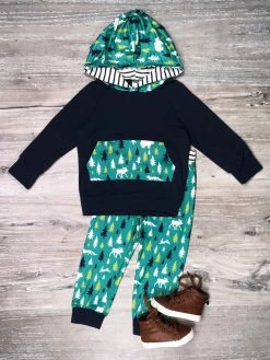 Sydney So Sweet Loungewear, Joggers, & PJ's Forest Friends Blue & Green Stripe Boys Hooded Jogger Outfit