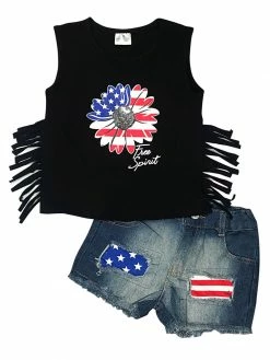 Sydney So Sweet Free Spirit Sunflower Flag Fringe Denim Shorts Outfit