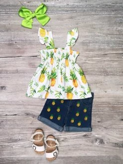 Sydney So Sweet Fresh Pineapple Watercolor Smocked Denim Girls Shorts Outfit New Arrivals