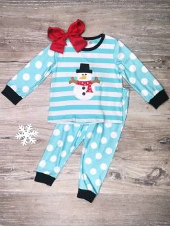 Sydney So Sweet Loungewear, Joggers, & PJ's Frosty Blue Snowman Polka Dot & Stripe Girls Winter Pajamas