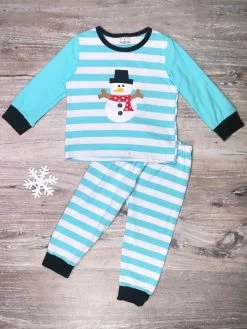 Sydney So Sweet Frosty Blue Snowman Stripe Boys Winter Pajamas Loungewear, Joggers, & PJ's