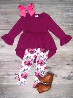 Sydney So Sweet Fuchsia Floral Hi Lo Ruffle Girls Leggings Outfit