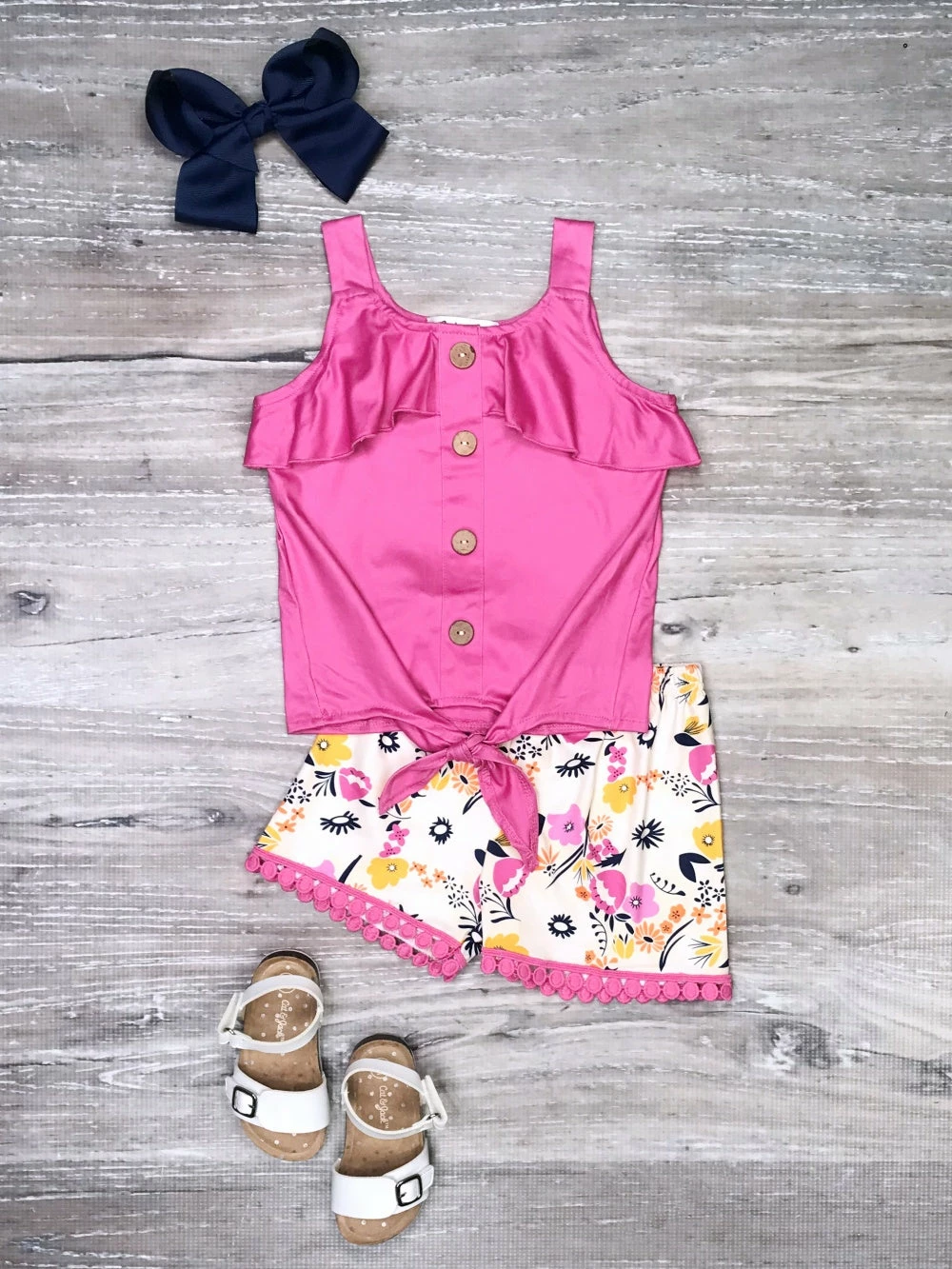 Sydney So Sweet New Arrivals Fuchsia Floral Tie Knot Pom Cold Shoulder Girls Shorts Outfit 1 Sydney So Sweet New Arrivals Fuchsia Floral Tie Knot Pom Cold Shoulder Girls Shorts Outfit