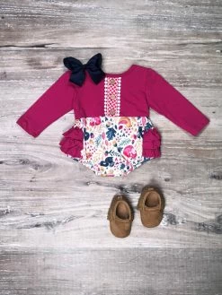 Sydney So Sweet Baby Boutique Fuchsia Forest Friends Button Ruffle Girls Baby Romper