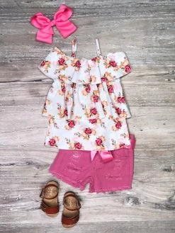 Sydney So Sweet New Arrivals Fuchsia Rose Tiered Ruffle Denim Patch Girls Shorts Outfit