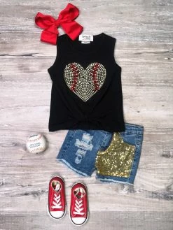 Sydney So Sweet New Arrivals Game Day Gold Sequin Baseball Heart Denim Girls Shorts Outfit