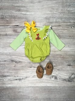 Sydney So Sweet Game Day Green Turkey Football Baby Girls Thanksgiving Romper