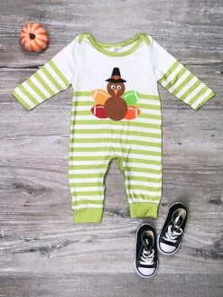 Sydney So Sweet Baby Boutique Game Day Green Stripe Turkey Football Baby Boys Thanksgiving Romper