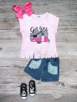 Sydney So Sweet Get Lost Camping RV Pink Tie Dye Fringe Denim Girls Shorts Outfit New Arrivals