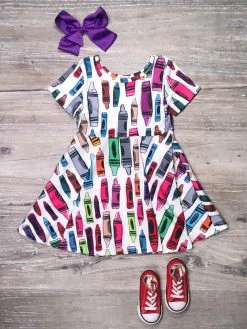 Sydney So Sweet New Arrivals Get Your Cray On Short Sleeve Girls Back To School Crayon Skater Dress