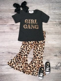Sydney So Sweet New Arrivals Girl Gang Cheetah Short Sleeve Bell Bottom Girls Outfit