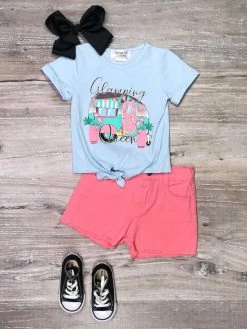 Sydney So Sweet Glamping Queen Pink Coral Denim Girls Shorts Outfit