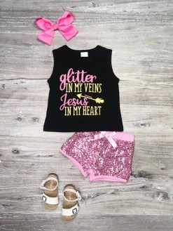 Sydney So Sweet Glitter Veins Jesus Heart Pink Sequin Girls Shorts Outfit New Arrivals