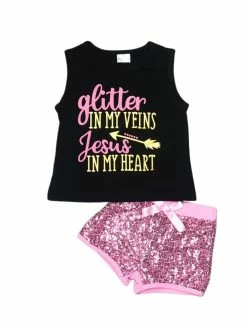 Sydney So Sweet Glitter Veins Jesus Heart Pink Sequin Girls Shorts Outfit New Arrivals