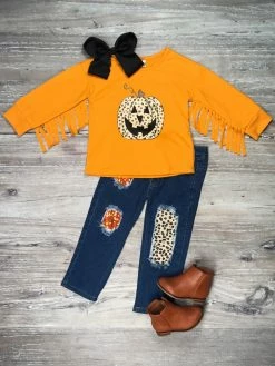 Sydney So Sweet Golden Leopard Jack-O-Lantern Fringe Sequin Girls Denim Outfit