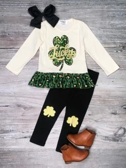 Sydney So Sweet Golden Lucky Leopard Glitter Green Shamrock Girls St. Patrick's Day Outfit 2 Piece Pants Outfits