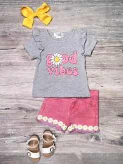 Sydney So Sweet Good Vibes Pink Daisy Denim Girls Shorts Outfit