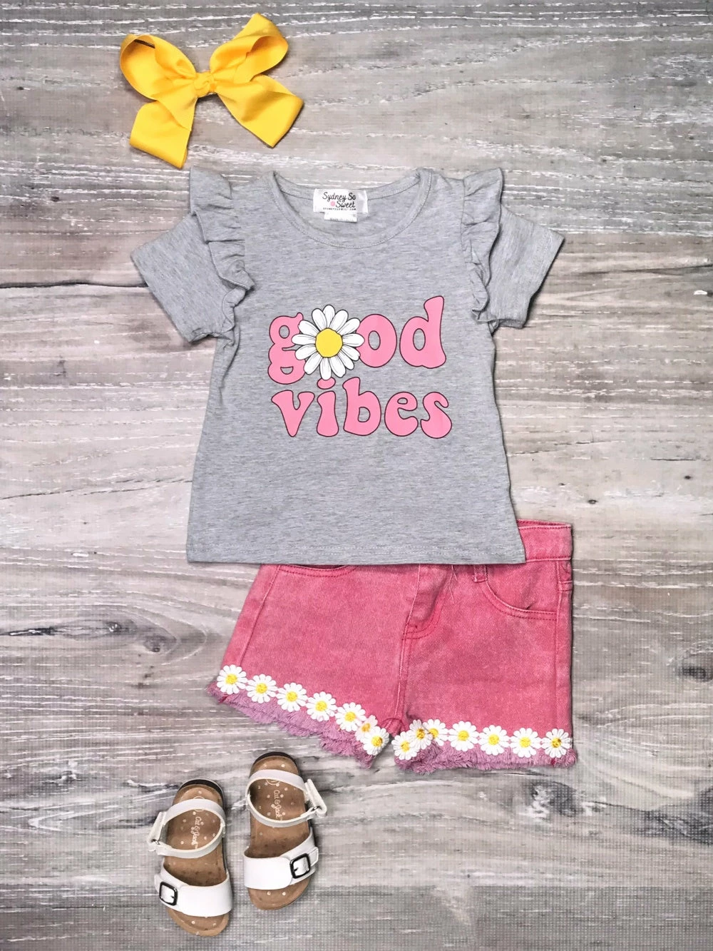 Sydney So Sweet Good Vibes Pink Daisy Denim Girls Shorts Outfit 1 Sydney So Sweet Good Vibes Pink Daisy Denim Girls Shorts Outfit