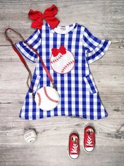 Sydney So Sweet Grand Slam Gingham Blue Baseball Girls Dress & Purse Set New Arrivals