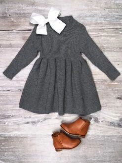 Sydney So Sweet Gray Knit Girls Ribbed Knit Sweater Dress Dresses & Skirt Sets