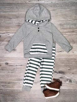 Sydney So Sweet Gray & Green Stripe Pocket Cozy Boys Hooded Jogger Outfit