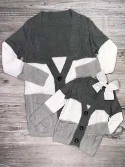 Sydney So Sweet Mommy And Me - Gray Stripe Button Up Cardigan Matching Sweater