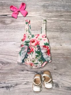Sydney So Sweet New Arrivals Green & Red Rose Floral Ruffle Baby Girls Bubble Romper