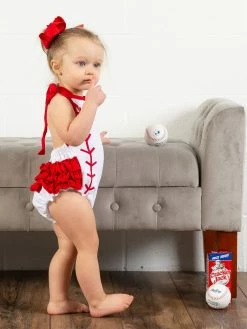 Sydney So Sweet Baseball Stitch Red Halter Bubble Baby Romper