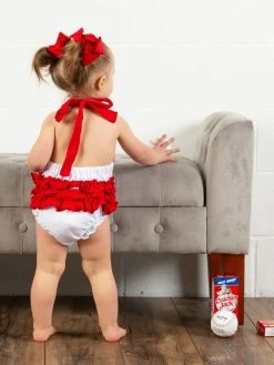 Sydney So Sweet Baseball Stitch Red Halter Bubble Baby Romper