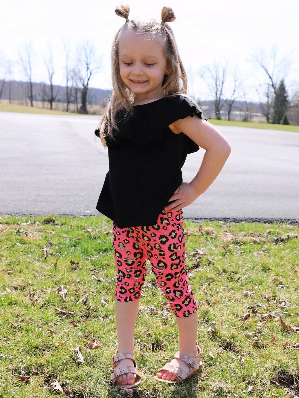 Sydney So Sweet Perfect Pink Cheetah Distressed Ruffle Girls Capri Outfit On Wednesday, We Wear Pink 1 Sydney So Sweet Perfect Pink Cheetah Distressed Ruffle Girls Capri Outfit On Wednesday, We Wear Pink