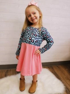 Sydney So Sweet Wild At Heart Pink & Blue Leopard Long Sleeve Girls Skater Dress Dresses & Skirt Sets