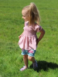 Sydney So Sweet Sparkle In Pink Smocked Puff Sleeve Sequin Denim Girls Shorts Outfit Shorts & Capri Outfits