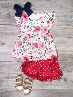 Sydney So Sweet Shorts & Capri Outfits Happiness Blooms Pink Polka Watercolor Floral Ruffle Shorts Outfit