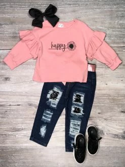 Sydney So Sweet Happy Sunflower Dusty Rose Sequin Denim Patch Ruffle Girls Outfit