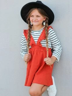 Sydney So Sweet Rust Orange Stripe Ruffle Girls Suspender Outfit Dresses & Skirt Sets