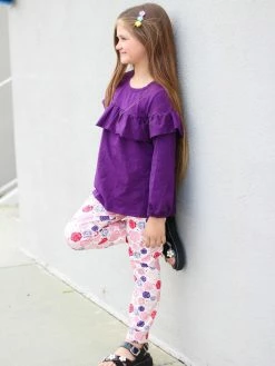 Sydney So Sweet Crazy Floral Plum Purple Ruffle Girls Leggings Outfit
