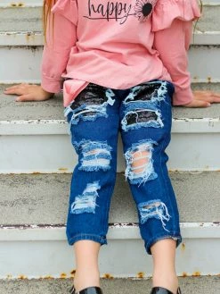 Sydney So Sweet Happy Sunflower Dusty Rose Sequin Denim Patch Ruffle Girls Outfit