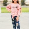 Sydney So Sweet Happy Sunflower Dusty Rose Sequin Denim Patch Ruffle Girls Outfit
