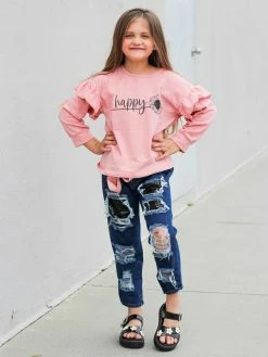 Sydney So Sweet Happy Sunflower Dusty Rose Sequin Denim Patch Ruffle Girls Outfit