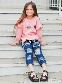 Sydney So Sweet Happy Sunflower Dusty Rose Sequin Denim Patch Ruffle Girls Outfit