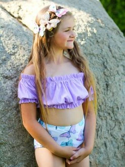 Sydney So Sweet Lavender Butterfly Fields Ruffle High Waisted Girls Swimsuit