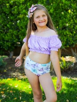 Sydney So Sweet Lavender Butterfly Fields Ruffle High Waisted Girls Swimsuit