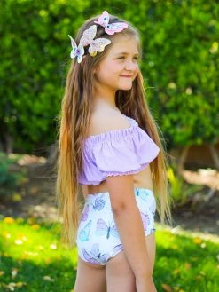 Sydney So Sweet Lavender Butterfly Fields Ruffle High Waisted Girls Swimsuit