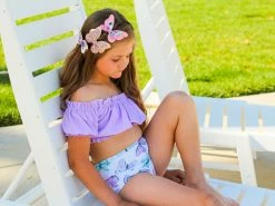 Sydney So Sweet Lavender Butterfly Fields Ruffle High Waisted Girls Swimsuit