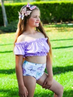 Sydney So Sweet Lavender Butterfly Fields Ruffle High Waisted Girls Swimsuit