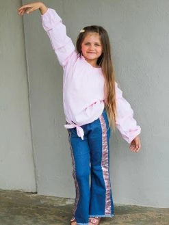 Sydney So Sweet Perfect Pink Stripe Ruffle Tie Knot Sequin Denim Flare Girls Outfit