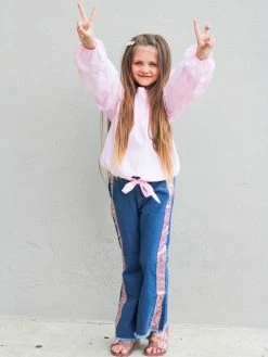 Sydney So Sweet Perfect Pink Stripe Ruffle Tie Knot Sequin Denim Flare Girls Outfit