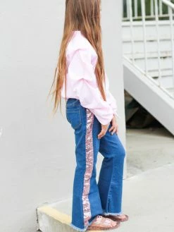 Sydney So Sweet Perfect Pink Stripe Ruffle Tie Knot Sequin Denim Flare Girls Outfit